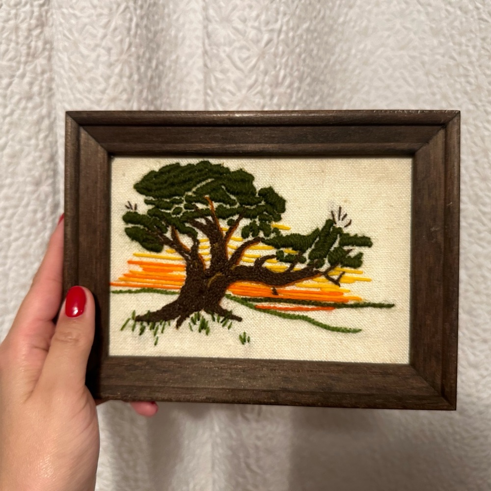 Vintage framed crewel needlepoint tree decor